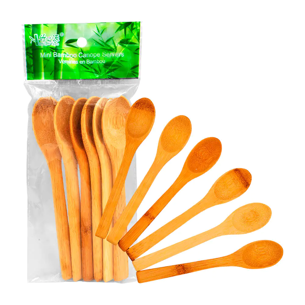 Paquete con 6 mini cucharas de madera bambú, 16cm cada una