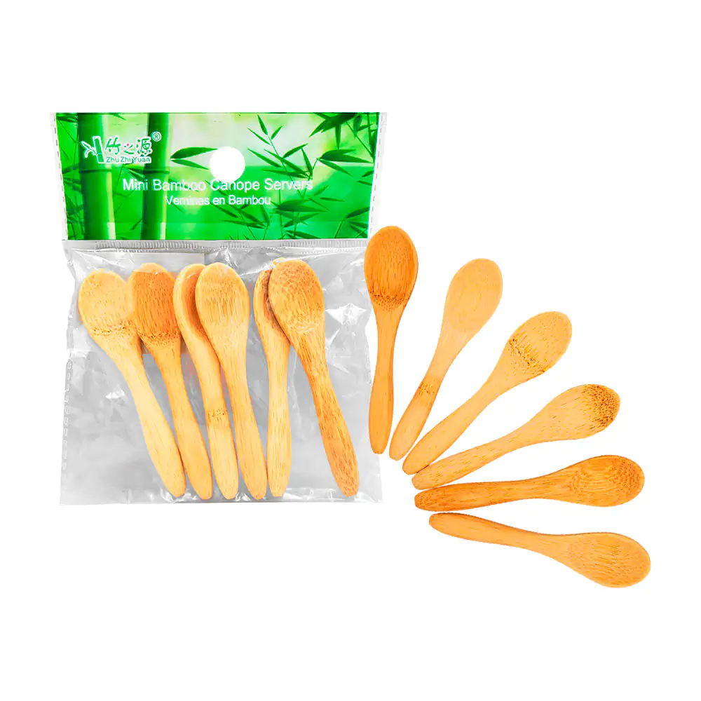 Paquete con 6 mini cucharas de madera bambú, 9 cm cada una