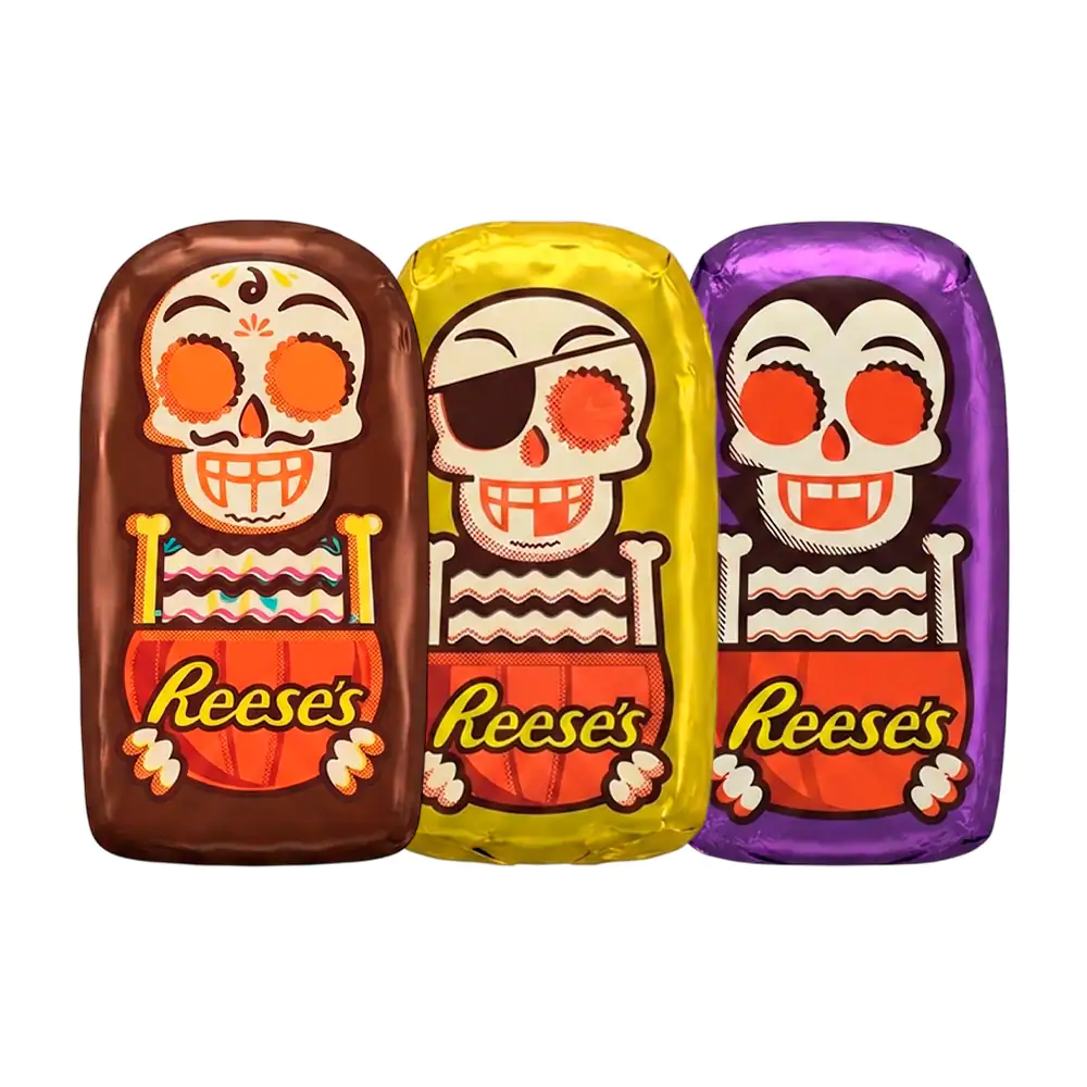 1pza mini chocolate reese´s con temática del día de muertos, chocolate relleno de crema de cacahuate