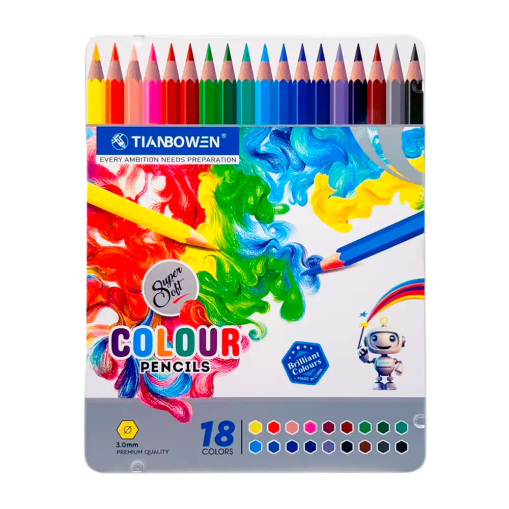 Estuche metálico con 18 lápices de colores hexagonales con punta de 0.3mmn, variedad