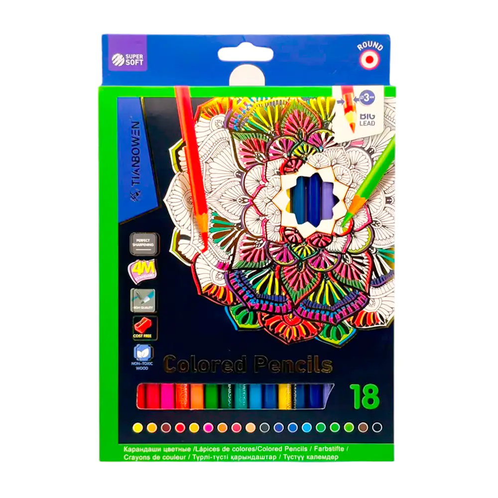 Estuche con 18 lápices de colores, punta fina de 0.3mm + sacapuntas, variedad