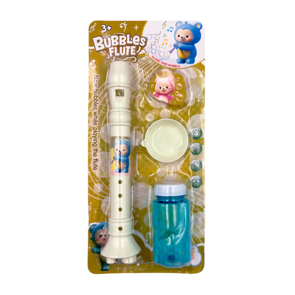 Blíster con sopla burbujas con forma de flauta dulce + bote con jabón…