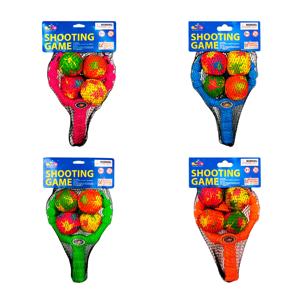 Resortera de plático con 4 bolas suaves con estamado de manchas, vari…