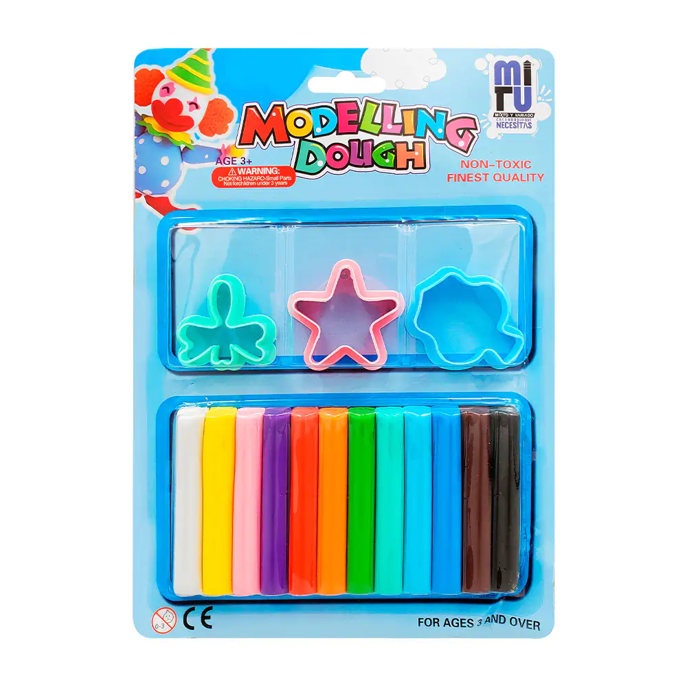 Blíster con 12 barritas de plastilina + 3 mini figuras molde