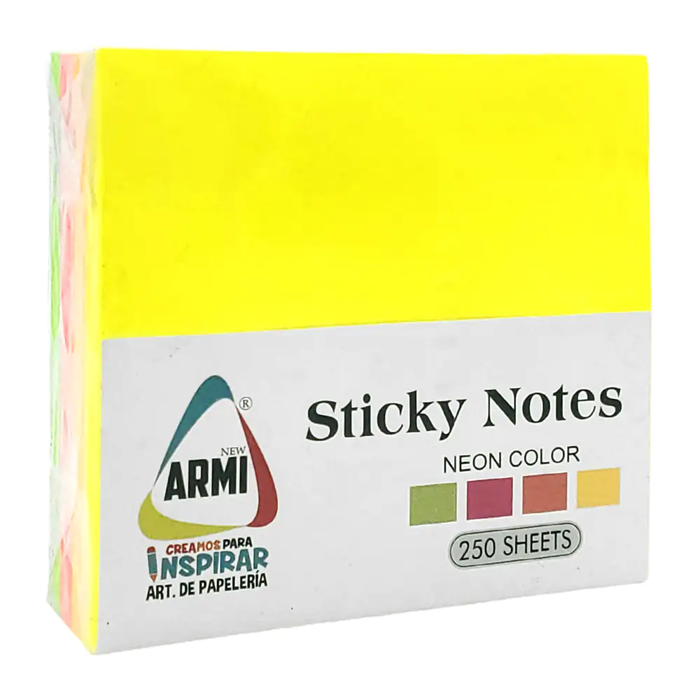 Paquete con 250 post it - notas adhesivas armi de colores neón, 76x76mm