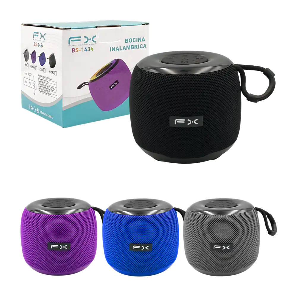 Bocina pequeña bluetooth fx cilíndrica con asa + iluminación rgb, var…