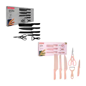 Set de 4 cuchillos, pelador y tijeras con diseño liso, tono negro / y…