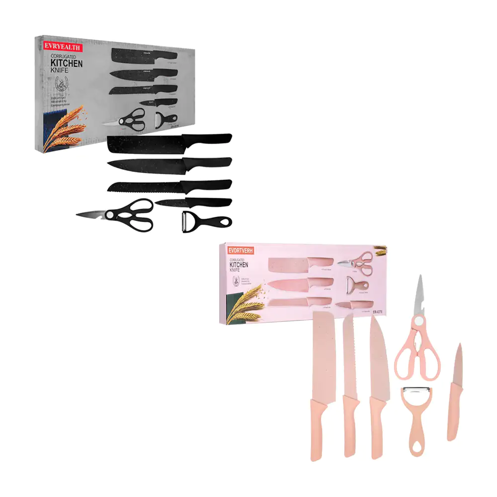Set de 4 cuchillos, pelador y tijeras con diseño liso, tono negro / y…