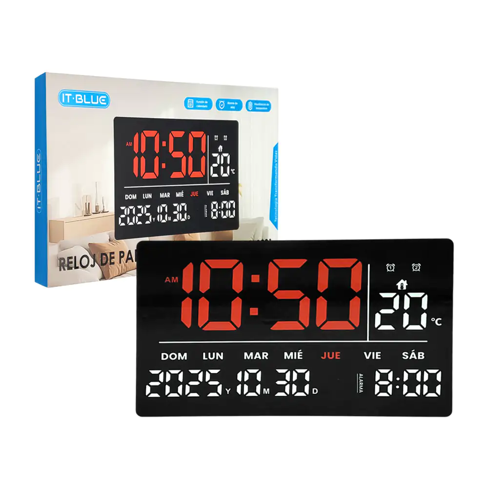 Reloj digital para pared, diseño rectangular con calendario, alarma y…