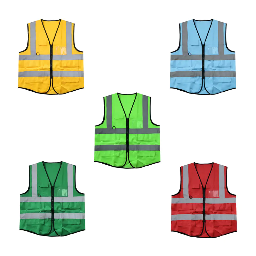Chaleco transpirable de seguridad con tiras reflejantes, bolsillos y cremallera, variedad de colores 
