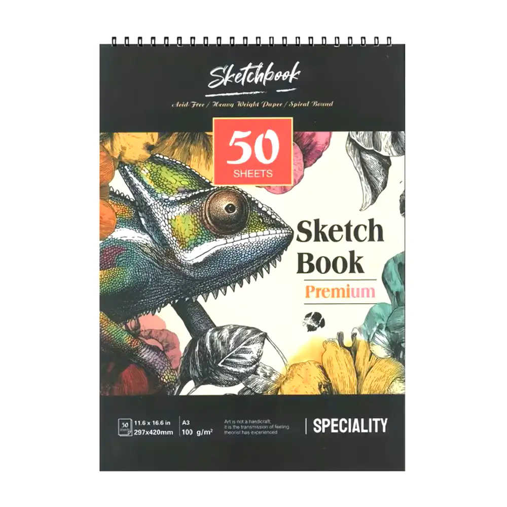 Sketchbook, cuaderno para dibujo premium, 50 hojas a4, espiral metálico arriba