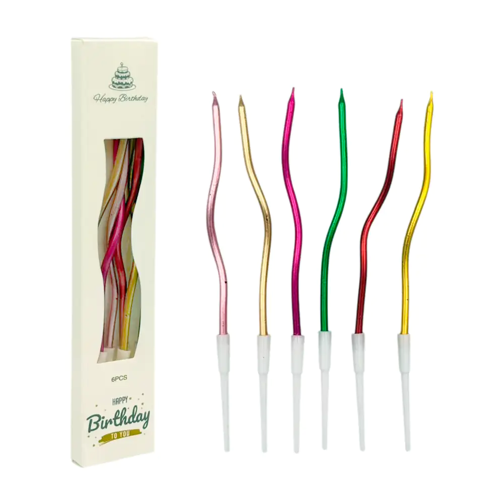 Paquete con 6 velas alargadas en forma de espiral con tonos metálicos…