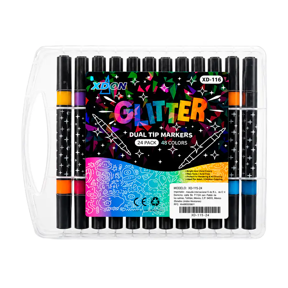Estuche con 24 plumones, marcadores con glitter doble punta , varieda…