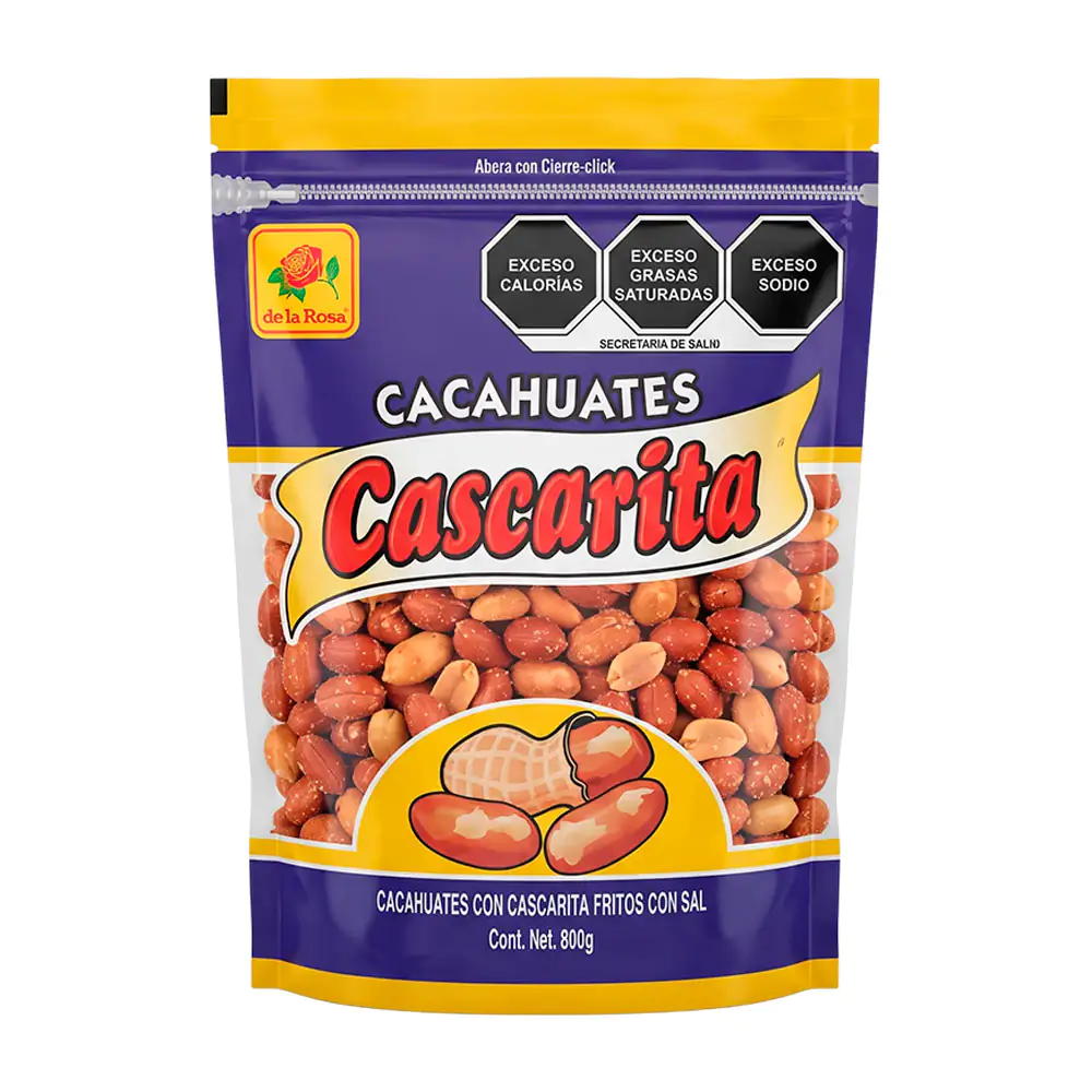 Bolsa grande de cacahuates fritos con cascarita y sal, de la rosa, 800g