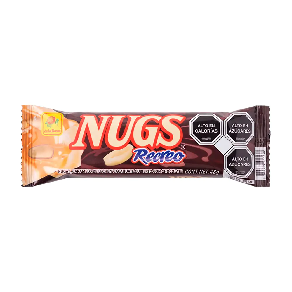 1pza Barra de chocolate nugs recreo con relleno de caramelo con cacahuate, 48g 