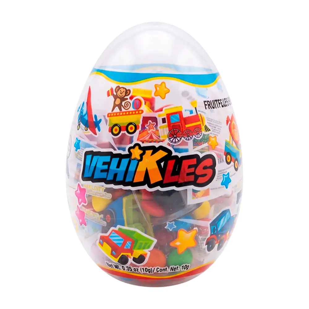 Mega huevo sorpresa vehikles con juguetes de carritos + dulce sabor frutal, 10g, variedad