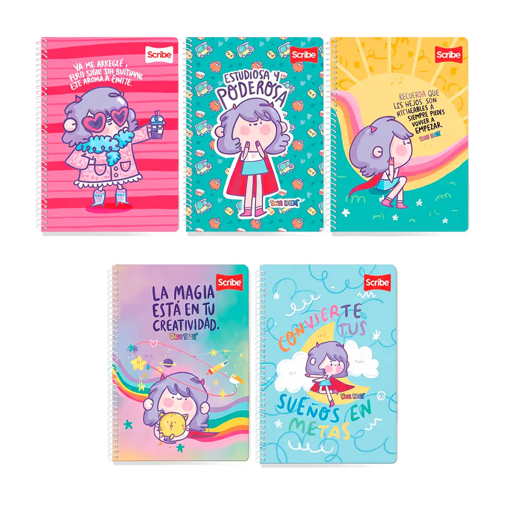 Cuaderno - libreta scribe con 90 hojas de raya y espiral, estampado para chicas, variedad 