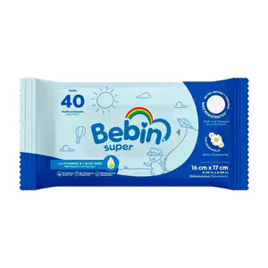 1pza paquete bebin super con 40 toallitas húmedas con manzanilla y al…