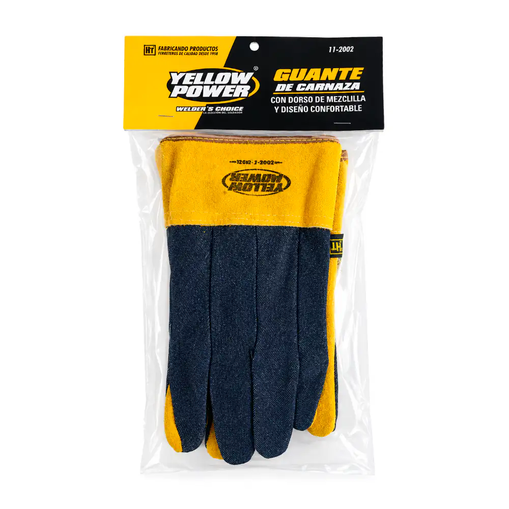 Guantes para trabajo yellow power de carnaza con dorso de mezclilla 
