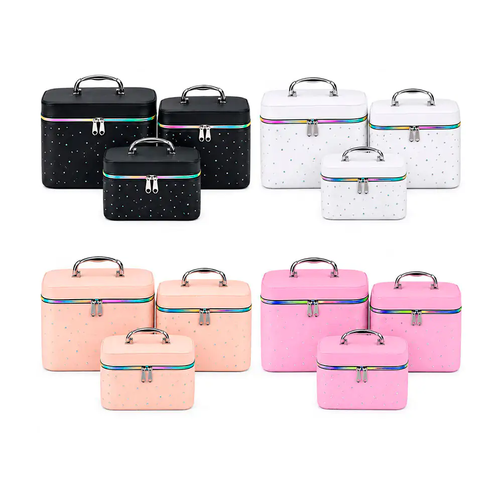 Juego de 3 cosmetiqueras rectangulares de tela con pedrería, variedad de colores