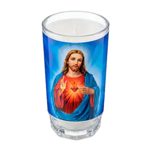 Veladora en vaso michelada de vidrio con imagen de sagrado corazón