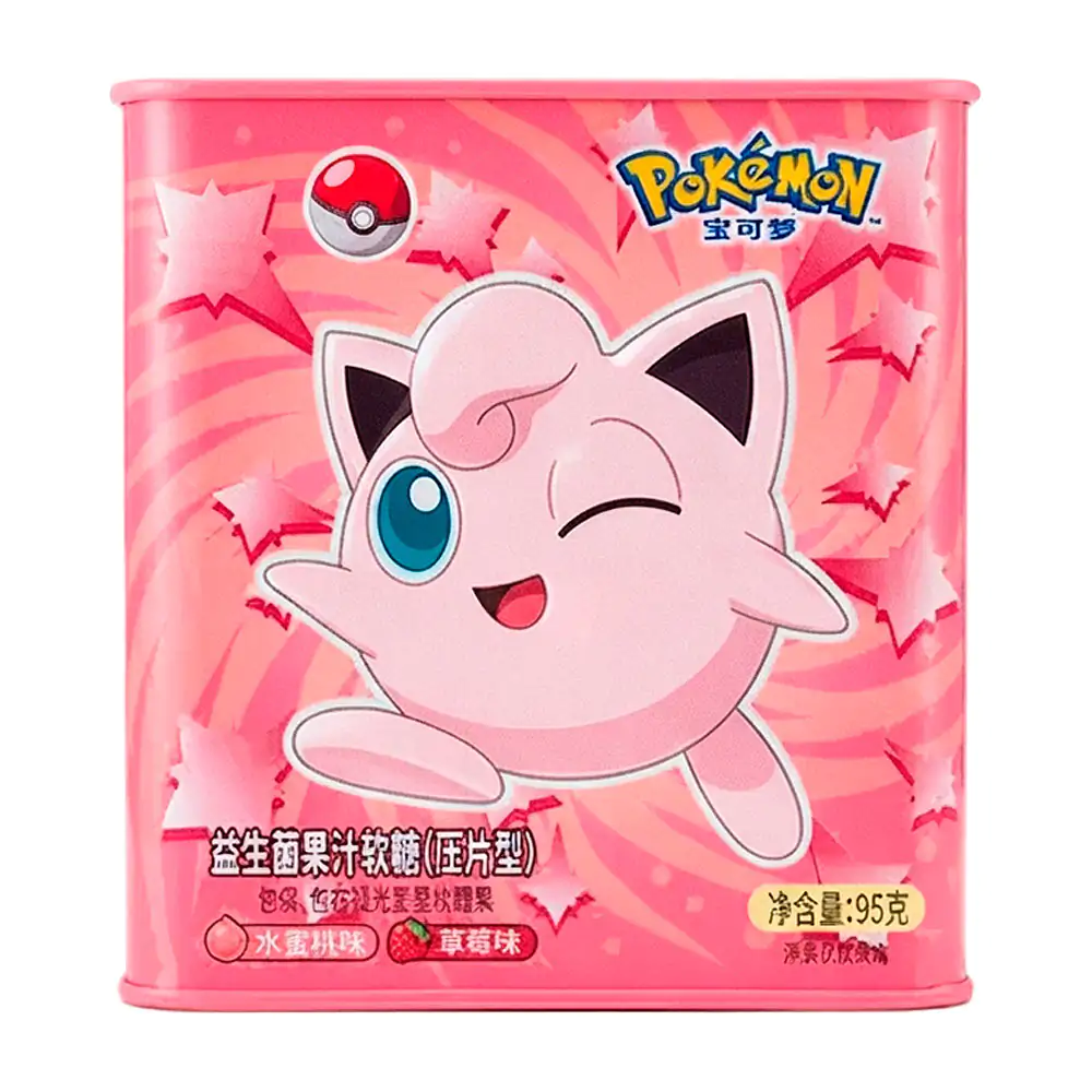 1pza lata de caramelos, cubierta suave con jugo natural, sabor durazno o fresa, temática pokemón, 95g