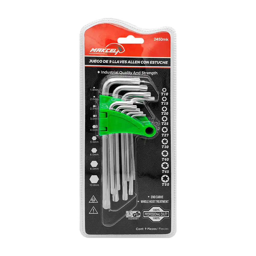 Blíster con estuche de 9 llaves allen makcel tools de diferentes medidas