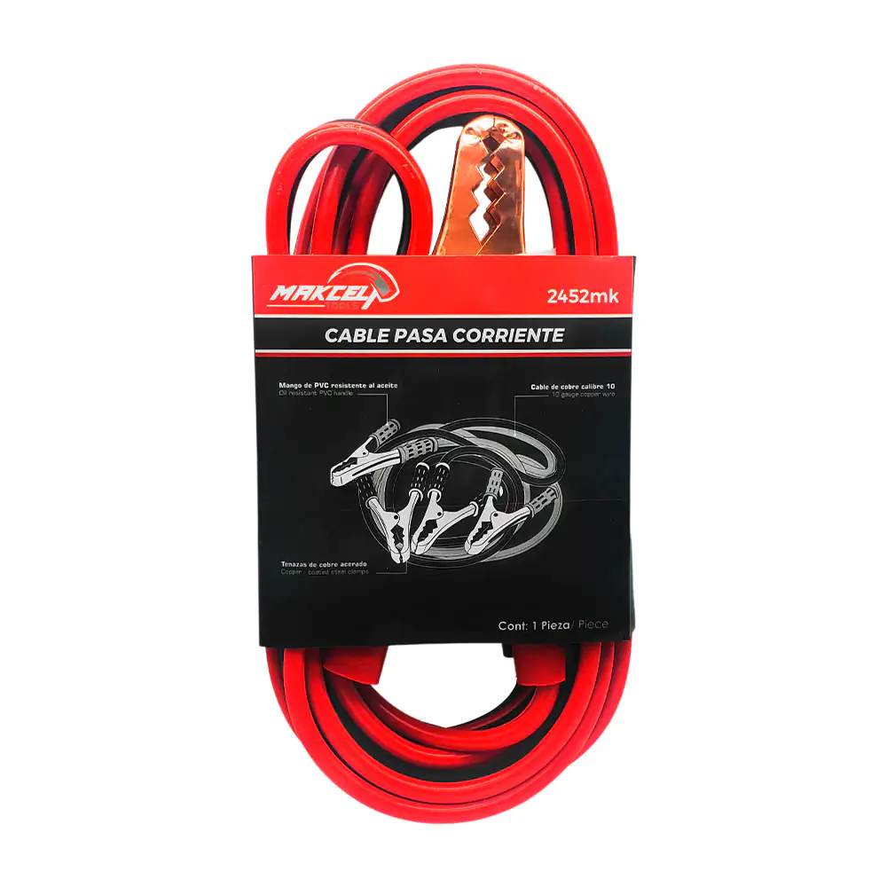 Cable pasa corriente de calibre 10 makcel tools, 3 metros con 2 pares de pinzas 