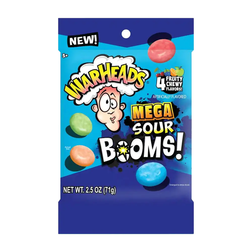 Bolsa con dulces mega sour booms, caramelo explosivo con sabor frutal, 71g, variedad de sabores