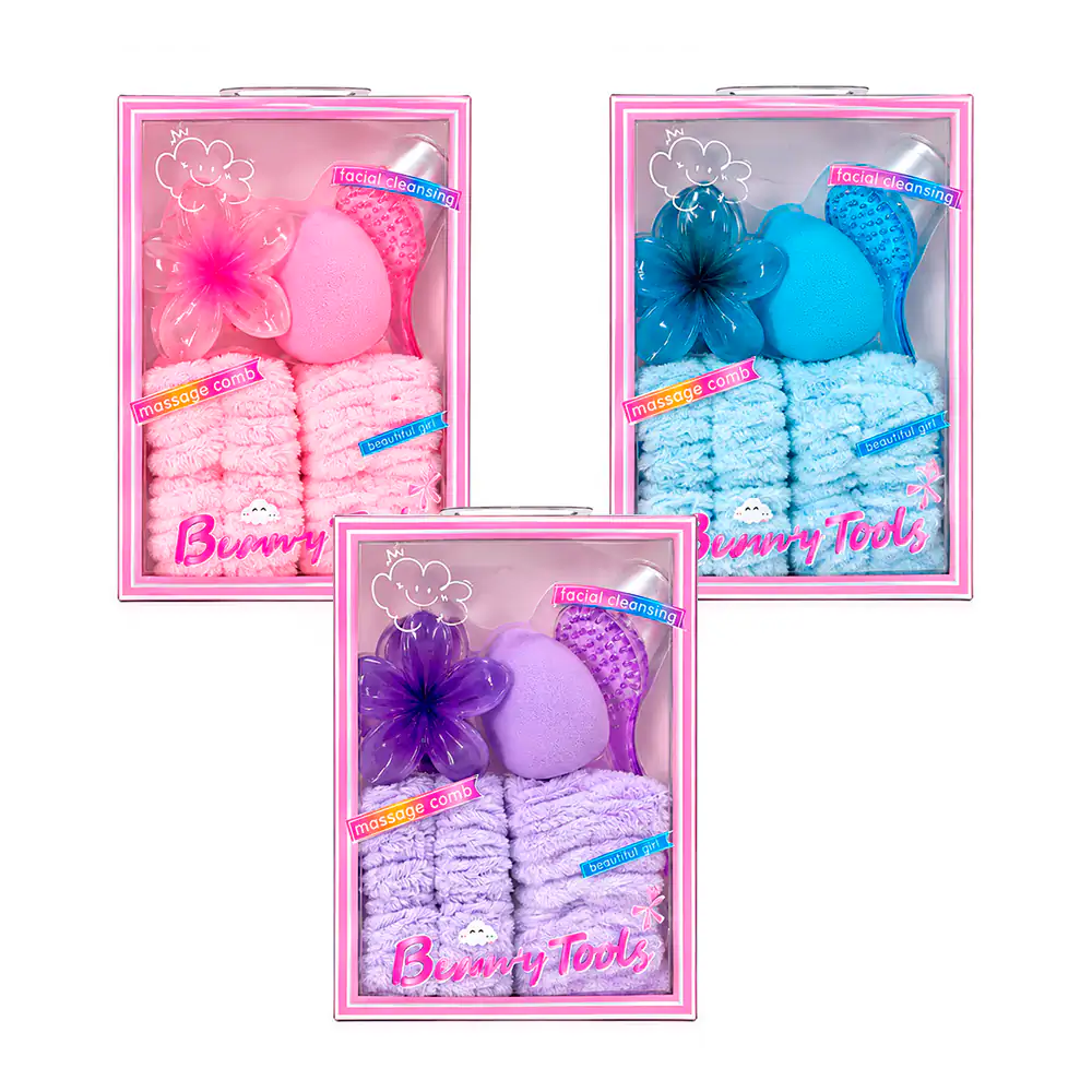 Kit de belleza con esponja aplicadora, muñequeras afelpadas, cepillo facial + pinza, variedad