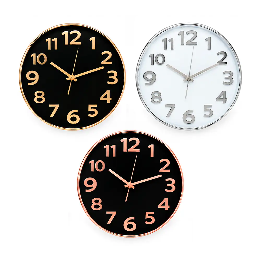 Reloj redondo de pared con números y marco color metálico, 36cm, variedad de colores