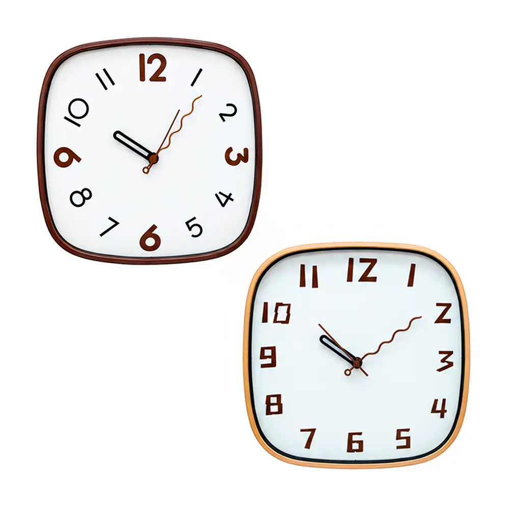 Reloj cuadrado de pared con marco tipo madera y minutero tipo ondulado, 29x29cm, variedad