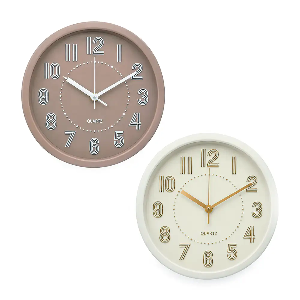 Reloj redondo de pared quartz en color liso y números con triple línea, 24cm, variedad de colores
