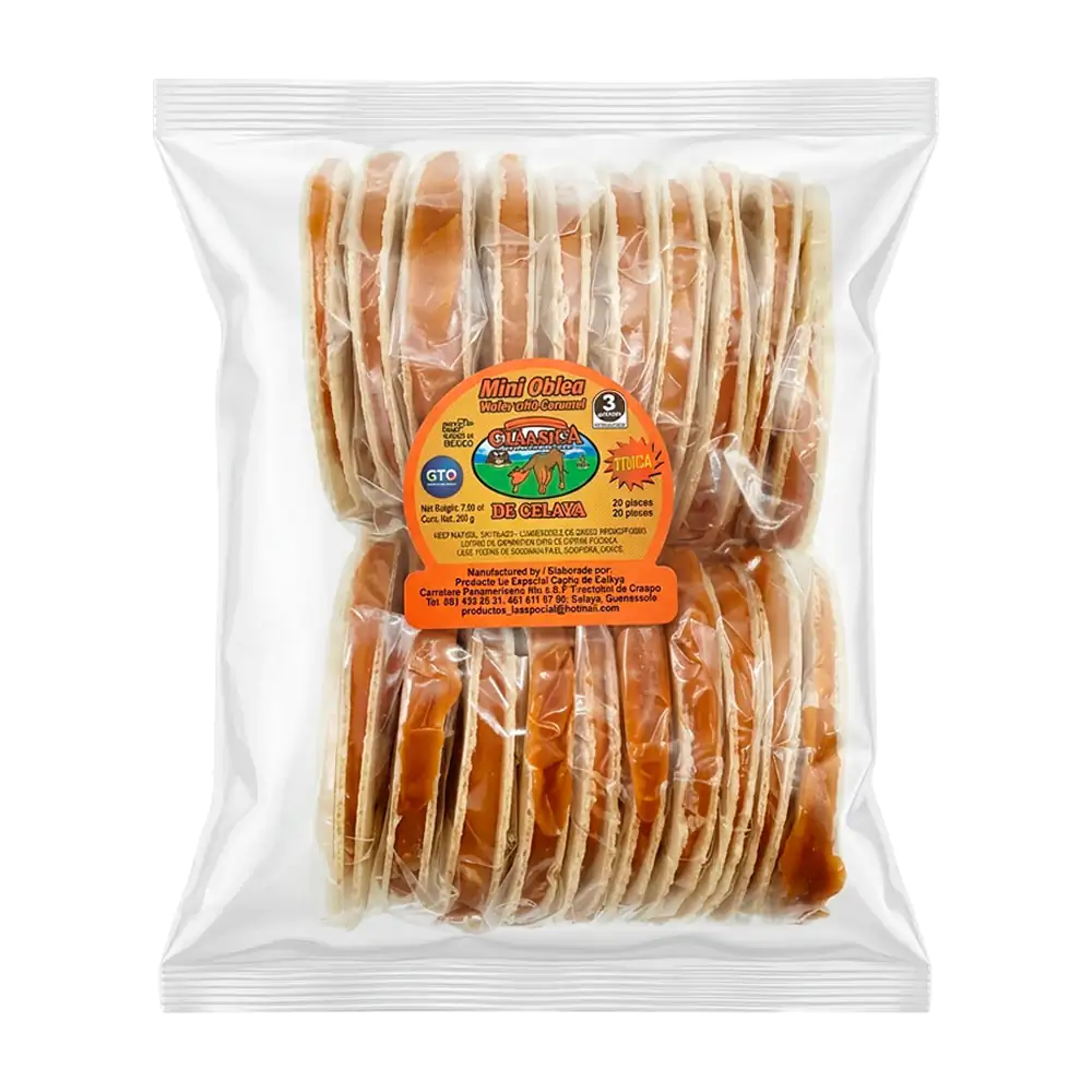 Paquete con 20 mini obleas artesanales rellenas de cajeta, 200g