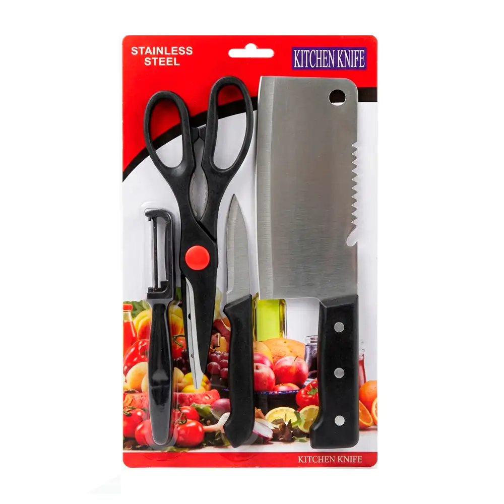 Set de 4 cuchillos metálicos ondulados negros con mango de plástico diseño tejido, pelador y tijeras / 41012 / eaeaabchj / corrugated kitchen knife
