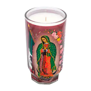 Veladora en vaso michelada de vidrio con imagen de la virgen de guada…