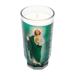 Veladora en vaso michelada de vidrio con imagen de san judas tadeo