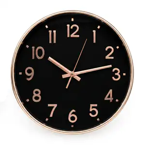 Reloj redondo de pared con fondo negro y marco metálico tipo cobre, 3…
