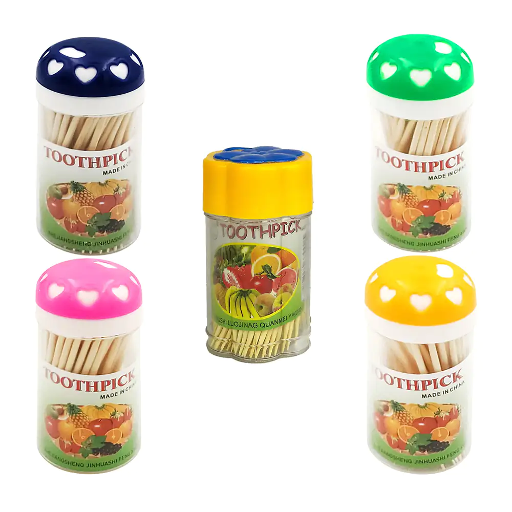 1pza Bote con 100 palillos de madera, variedad de diseños / toothpick / zc-0129 / zc-0130 / mt098 / 560259 / y-195-1