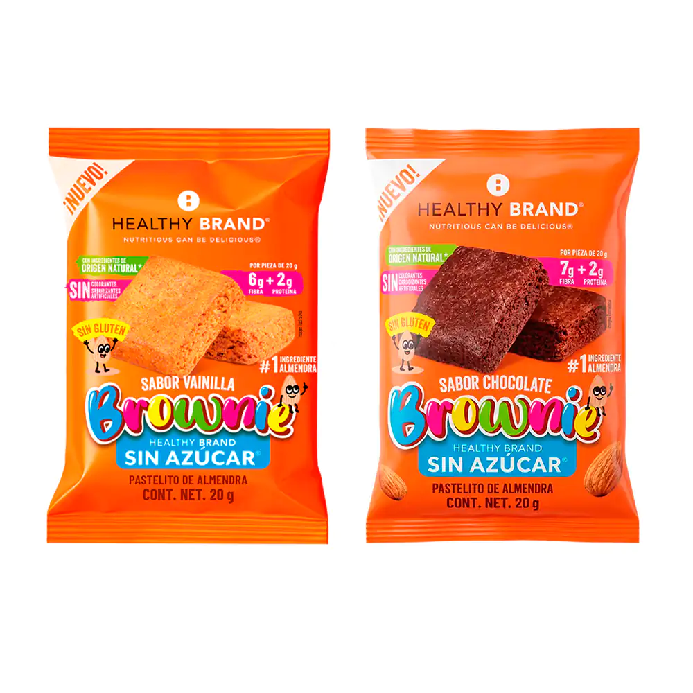 Snack brownie healthy brand sin azúcar con sabor chocolate y vainilla libre de gluten, 20g 