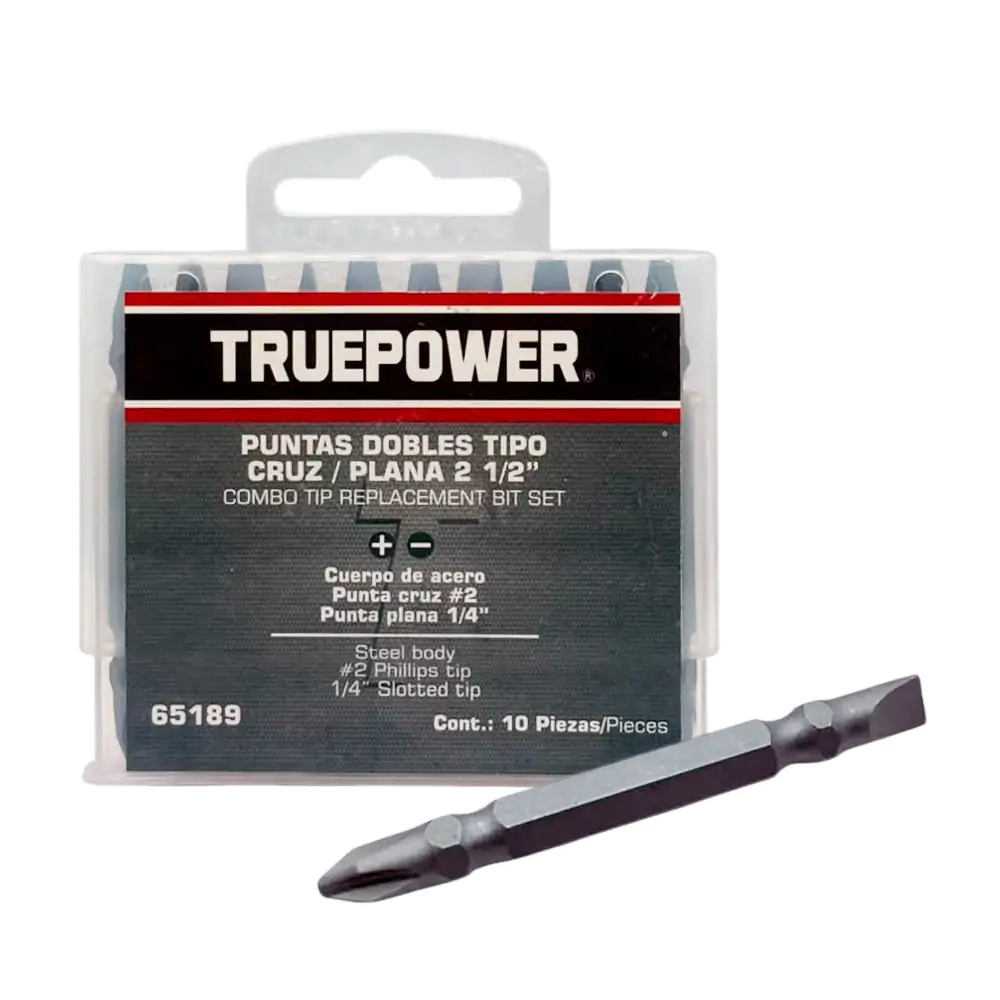 Estuche con 10 puntas de cruz - plano metálicas tipo philips del #2 para desarmador truepower