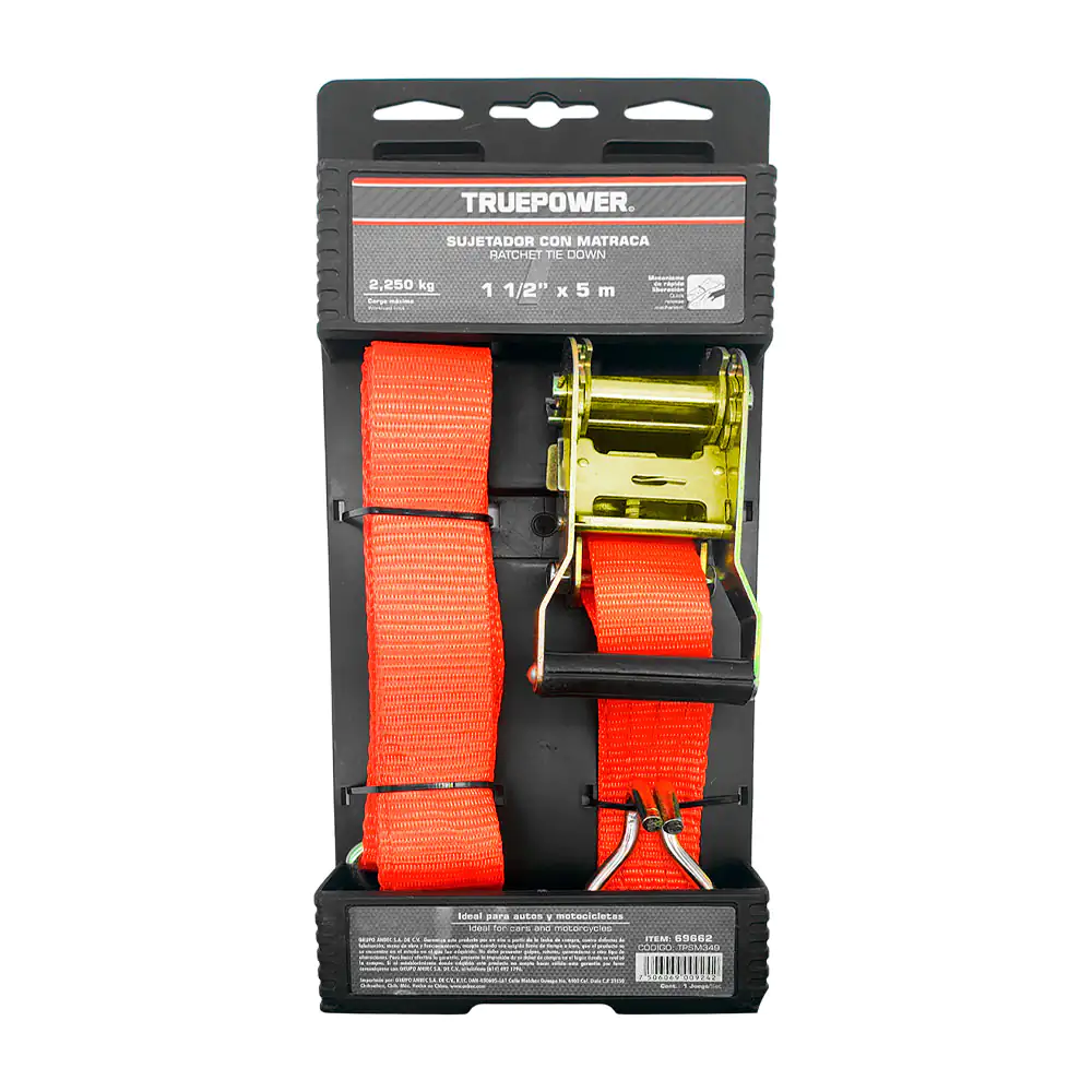 Sujetador con matraca truepower de 1 pulgada y media x 5 metros y carga máxima de 2250kg 