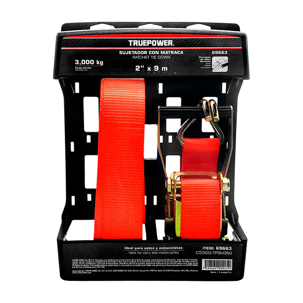 Sujetador con matraca truepower de 2 pulgadas x 9 metros con carga de 3000kg + gancho 