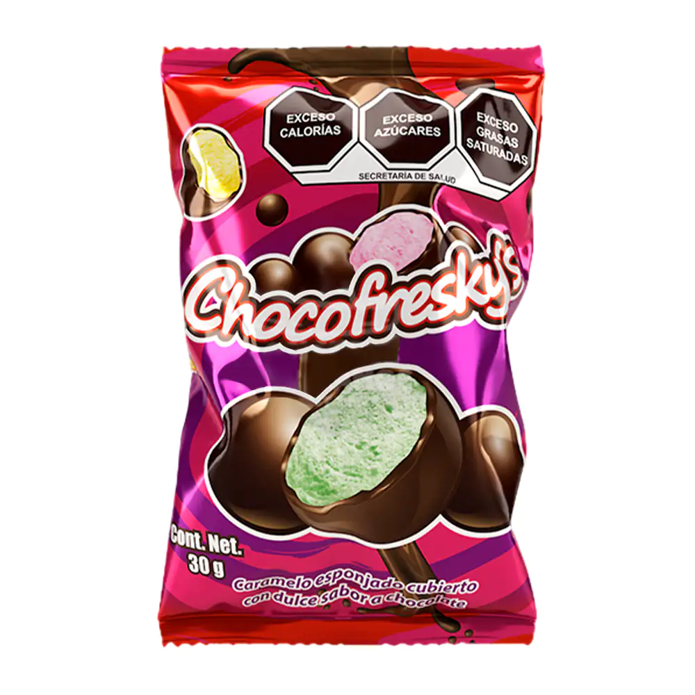 Paquete de chocofreskys con caramelo esponjoso cubierto de dulce sabor a chocolate, 30g