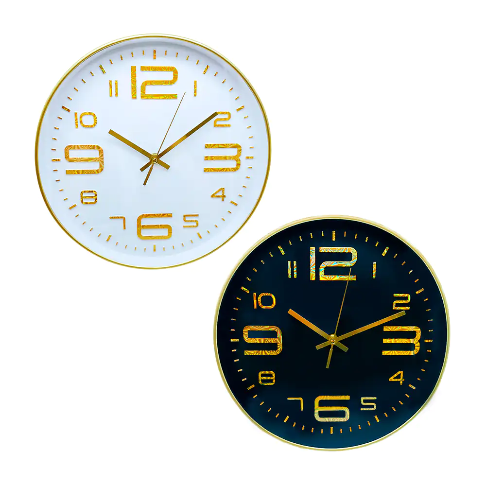 Reloj redondo de pared con números diseño holográfico y marco dorado, 30cm, variedad