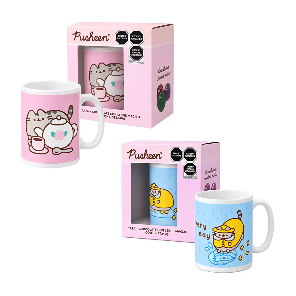 Taza de cerámica, 450ml con estampado de pusheen + chocolates con leche, variedad de estampados