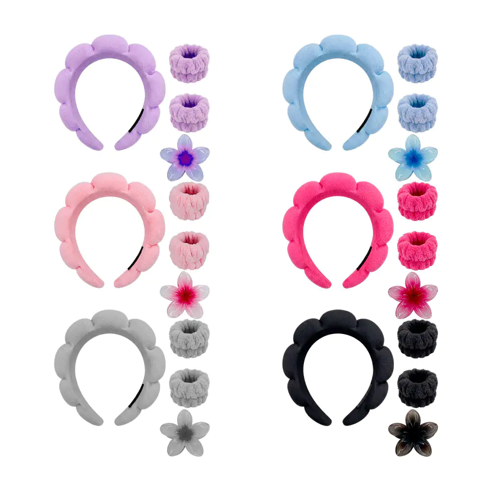 Set para skincare con diadema y muñequeras afelpadas + pinza para el cabello, variedad de colores