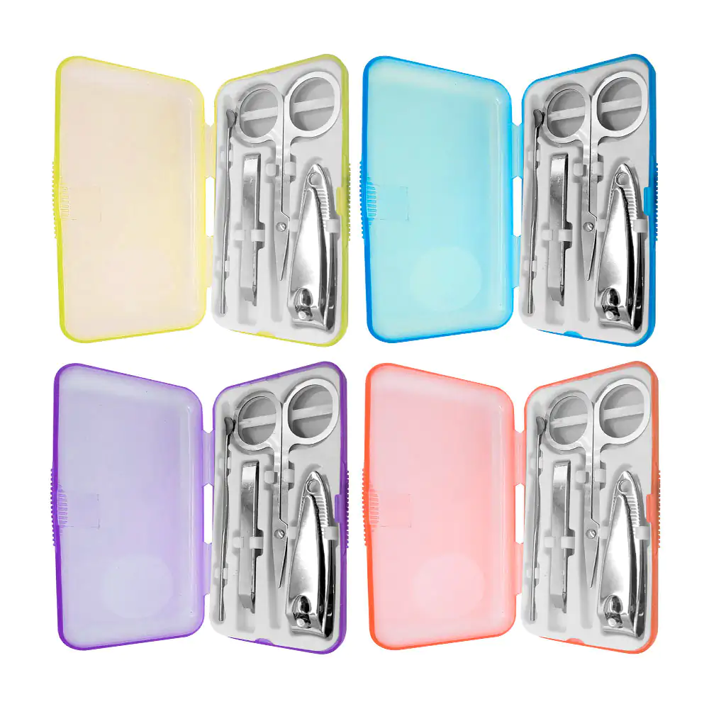 Estuche translúcido con 4 herramientas para manicura o pedicura, variedad de colores