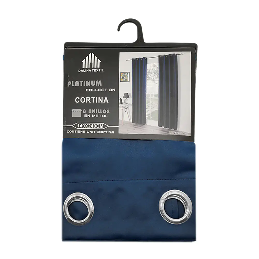 Cortina de poliéster tipo blackout en color azul 18 con 8 anillos metálicos, 140x240cm / 83076-18