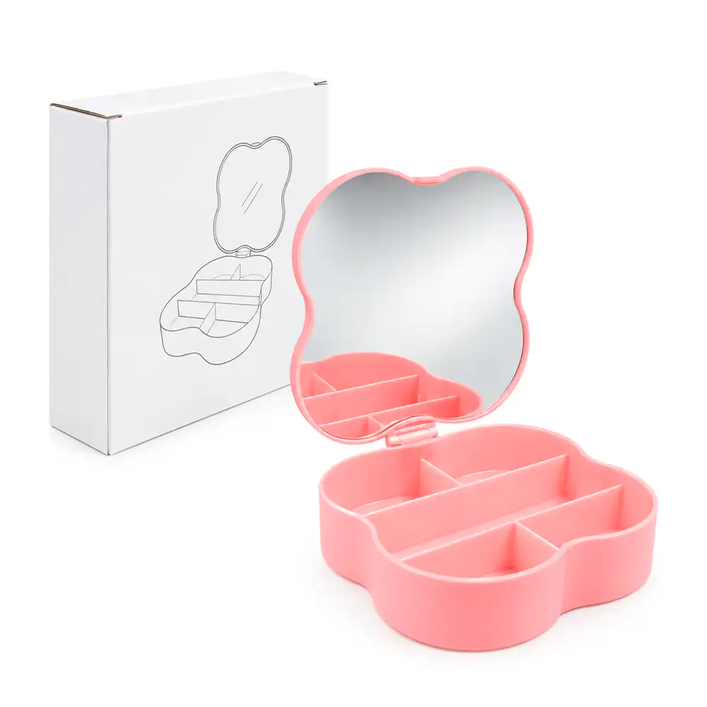Estuche alhajero de plástico con forma de flor + espejo y 5 compartimentos, variedad
